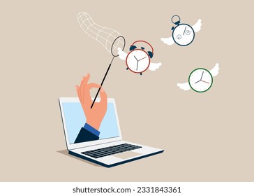 Businessman through the laptop hurry chasing to catch flying away alarm clock and stop watch. Lack of time. Vector illustration.