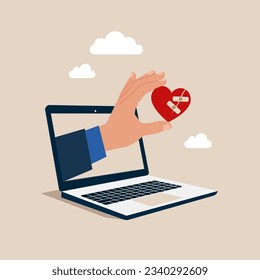 Businessman through the laptop keeps bandage repaired heart shape. Forget and forgive, open for new relationship. Vector illustration