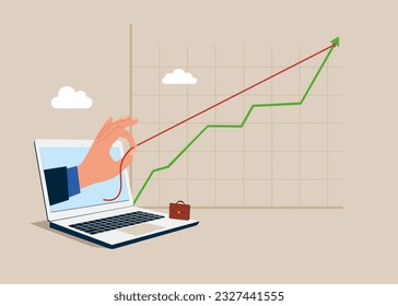 Businessman through the laptop pulling performance graph rising up with full effort. Growth, financial interest rate and stock market return. Vector illustration