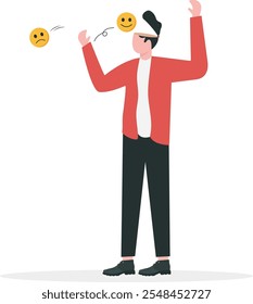 Hombre de negocios a través de la tristeza y obtener la felicidad, optimista, la felicidad o el pensamiento positivo inspiran a otras personas feliz, inteligencia emocional o el equilibrio entre la felicidad y la tristeza,

