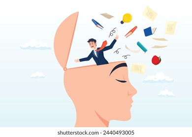 Businessman throw away books and knowledge from his brain open head, unlearn, forget wrong information or knowledge, erase or delete memory for free space to learn new things (Vector)