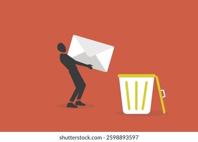 Businessman throw away email and data into full of junk idea in basket bin. concept of Cleaning digital memory, cleaning e-mail, remove spam