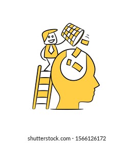 businessman throw away junk in human brain yellow stick figure