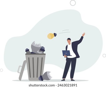 businessman throw away lightbulb idea into full of junk idea in basket bin.flat vector illustration.