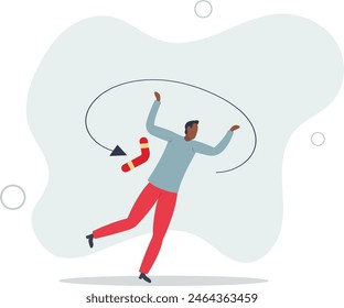 businessman throw boomerang and it return to hurt himself.flat vector illustration.