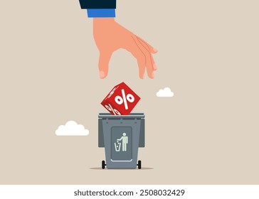 Businessman throw cube block with percentage symbol icon into the waste basket. Modern vector illustration in flat style. 