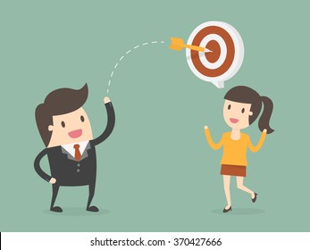 Businessman Throw a Dart Into Target On Customer.Business Concept Cartoon Illustration.