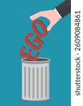 Businessman throw ego into trash can. Egoism avoidance. Character get rid of Ego as bad habit throw into litter bin. Person develop and improve his nature, human behavior, choice. Vector illustration