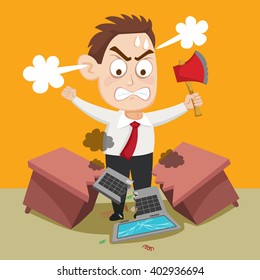 Businessman throw hammer to his laptop, vector illustration