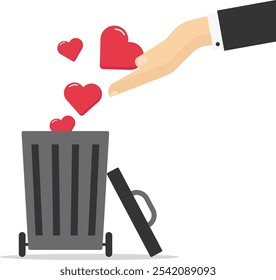 Businessman throw heart shape the waste basket. Open for new relationship, divorce and relationship problem. Modern vector illustration in flat style.

