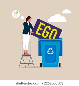 Businessman throw his ego into the trash.  Modern vector illustration in flat style