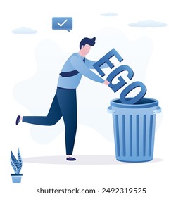 Businessman throw his ego into the trash, stop ego concept. Confident man without vanity or selfishness, but with pride and respect for others people, flat vector illustration