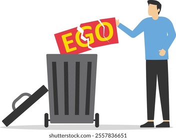 Businessman throw his ego into the trash. Modern vector illustration in flat style

