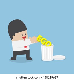 Businessman throw his ego into the trash, stop ego concept