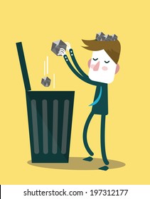 Businessman Throw Paper Waste From His Head Into Trash Bin. Vector Illustration