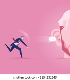 Businessman Throw Speech bubble sign to ear human. Concept achievement vector illustration
