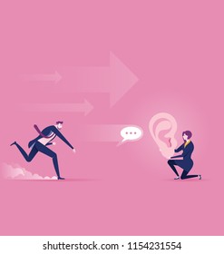 Businessman Throw Speech bubble sign to ear icon. Concept achievement vector illustration