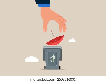Businessman throw Umbrella into the waste basket. Financial and security. Modern vector illustration in flat style. 