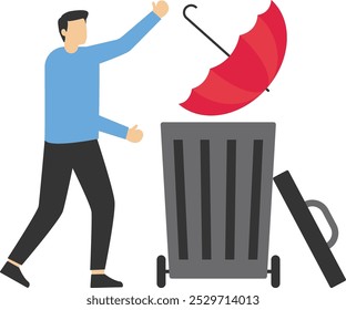 Businessman throw Umbrella into the waste basket. Financial and security. Modern vector illustration in flat style.

