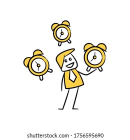 businessman throwing alarm clock for time management concept yellow stick figure design