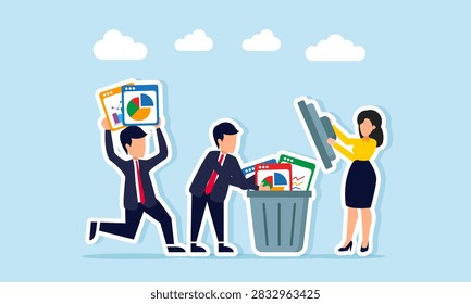 Businessman Throwing Application Interface With Data Into Trash Bin Illustrating Deleting Unused Company Data Concept