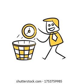 businessman throwing clock to bin yellow stick figure design