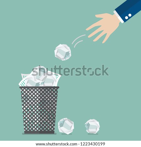 Businessman throwing crumpled paper to trash. Vector illustration