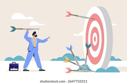 Empresário jogando um dardo em um quadro de alvo vermelho, cercado por setas perdidas, estilo plano em um fundo leve, conceito de definição de objetivos e realização. Ilustração vetorial