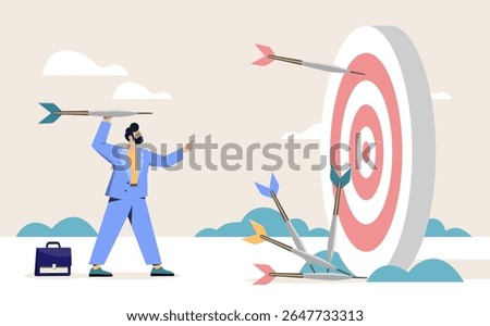 Businessman throwing a dart at a red target board, surrounded by missed arrows, flat style on a light background, concept of goal setting and achievement. Vector illustration
