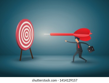 Businessman throwing dart at target. Symbol of business goals, aims, mission, opportunity and challenge. Vector illustration.