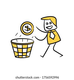 empresario lanzando moneda en dólares al diseño de la figura del palo amarillo