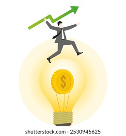 A businessman throwing a green arrow like a javelin on a coin lightbulb. Idea, growth, investment, financial success, business ambition, market opportunity, target goal, and wealth strategy.