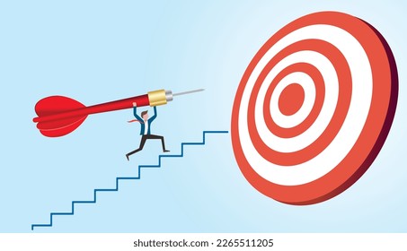 businessman throwing huge dart, aiming to hit dartboard bullseye. Business target. aiming high goal. success businessman holding big target with arrow hit bullseye center. challenge to achieve target,