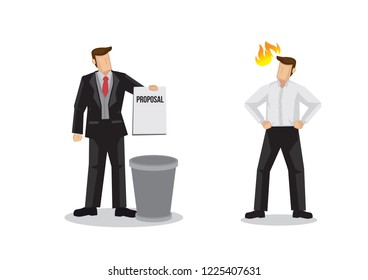 Businessman throwing idea, proposal or agreement into the trash can in front of the creator of the project. Isolated vector illustration.