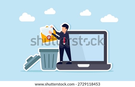 Businessman throwing letters into a trash bin near a laptop illustrating cleaning business spam email