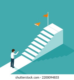 Businessman throwing orange paper plane to the top step stair and the flag. Setting goals to achieve the business concept.  Vector illustration isometric flat design.