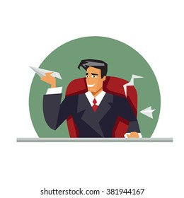 Businessman throwing paper airplane
