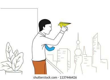 businessman throwing paper airplane on the top room
to building space view