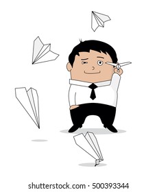 businessman throwing paper airplanes, vector illustration on white background