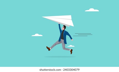 businessman throwing paper plan while sending email, email subscription to send newsletter for product promotions and updates, business launching concept, online communication illustration flat style