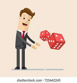 Businessman throwing  two big dices red color. Vector, illustration, flat