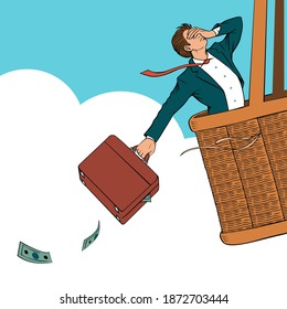 The businessman throws away the money case. Flies in the sky in a balloon. Life and business saving concept. Vector cartoon pop art illustration.