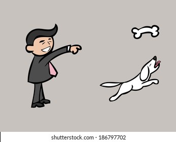 Businessman throws bone for playing with dog