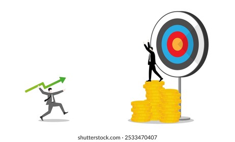 Businessman throws a green arrow javelin at a target, defended by richer competitor on coins stack, the rival challenge of leader in business goal. Market competition success in the corporate world.