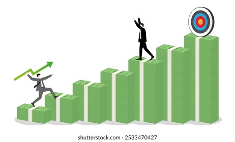 Businessman throws a green arrow javelin at a target, defended by a competitor on a banknotes bar graph, the rival challenge of leader in business goal. Market competition success in the corporate.