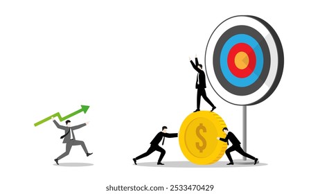 Businessman throws a green arrow javelin at a target, defended by team of competitor on dollar coin, the rival challenge of leader in business goal. Market competition success in the corporate world.