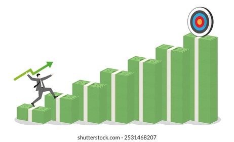 Un hombre de negocios lanza una flecha verde como una jabalina a un objetivo de negocio en la barra de billetes gráfico hacia arriba. Éxito financiero, ambición de objetivo, estrategia de inversión, desempeño en el trabajo y oportunidad de carrera.