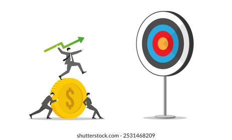 Un hombre de negocios lanza una flecha verde como una jabalina en una moneda de dólar a un objetivo de negocios. Trabajo en equipo de éxito financiero, ambición de objetivo, estrategia de inversión, rendimiento en el trabajo y oportunidad de carrera.