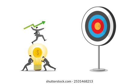 A businessman throws a green arrow like javelin on coin lightbulb to business goal. Teamwork of financial success, ambition to target, investment strategy, performance at work, and career opportunity.