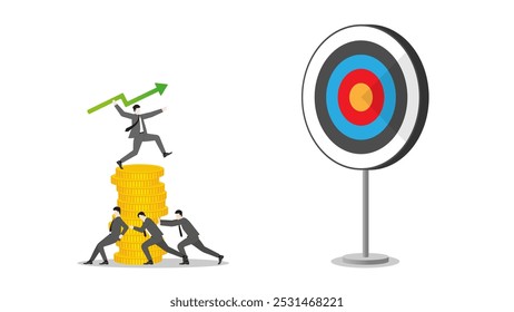 A businessman throws a green arrow like a javelin on coins stack to business goal. Teamwork of financial success, ambition to target, investment strategy, performance at work, and career opportunity.